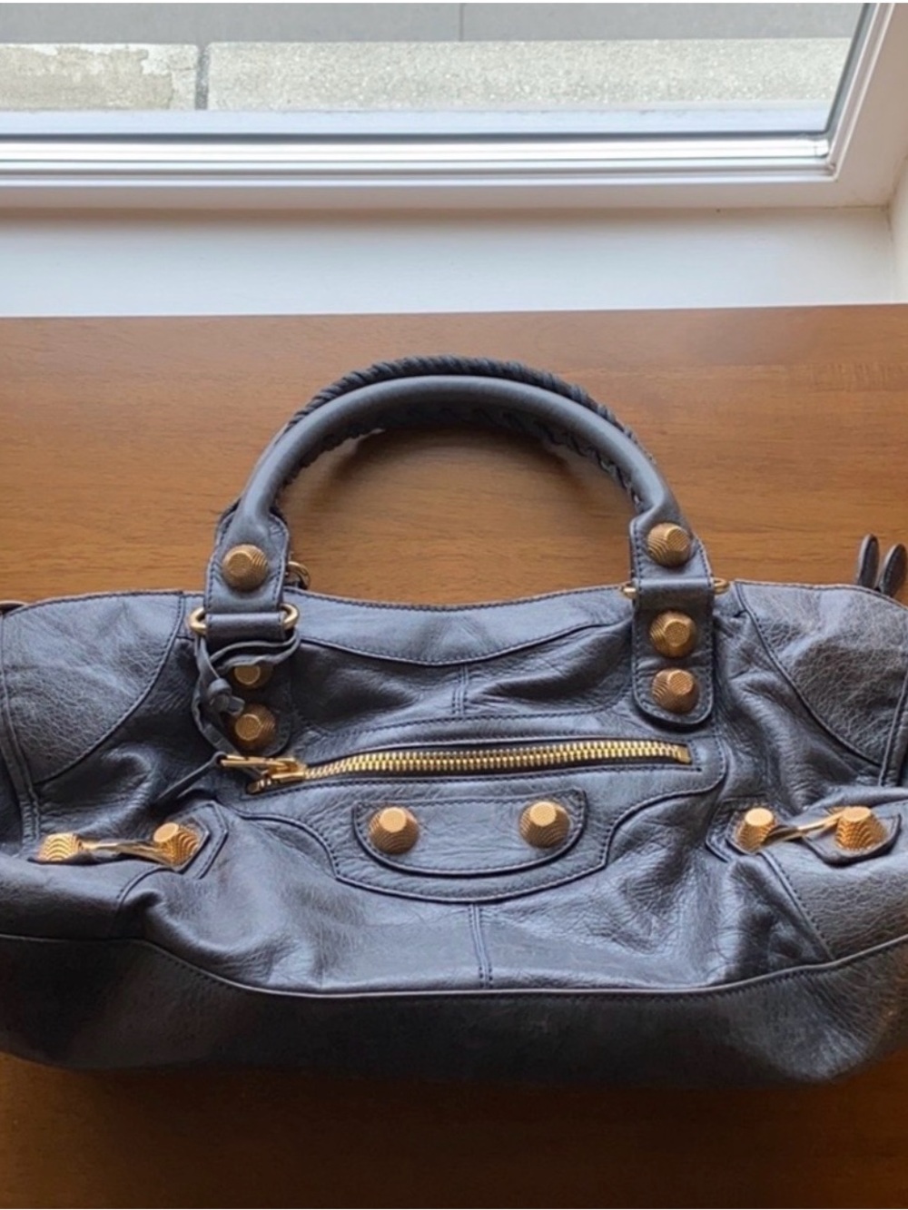 Balenciaga Leather Shoulder Bag with Gold-Tone Studs - Picture 1 of 15